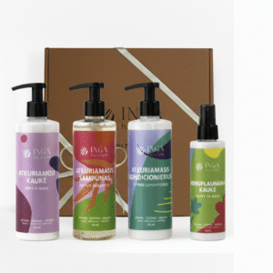 INGA HAIRSTYLE atkuriamasis rinkinys - šampūnas, kondicionierius, kaukė, nenuplaunama kaukė šventinėje rudoje pakuotėje