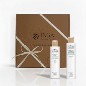 HAIR COMPANY PROFESSIONAL Inimitable Style Frizz-Out glotninamasis rinkinys nuo šiaušimosi šventinėje rudoje pakuotėje