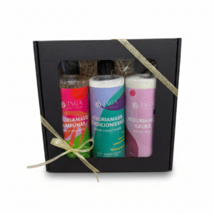 INGA HAIRSTYLE atkuriamasis rinkinys - šampūnas, kondicionierius, kaukė šventinėje juodoje pakuotėje