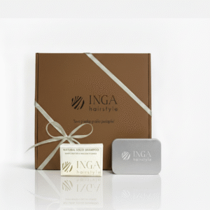 INGA HAIRSTYLE rinkinys - Natūralus kietasis šampūnas + dėžutė kietajam šampūnui šventinėje rudoje pakuotėje