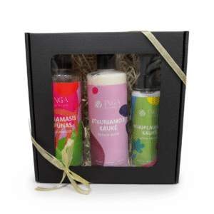 INGA HAIRSTYLE atkuriamasis rinkinys - šampūnas, kaukė, nenuplaunama kaukė šventinėje rudoje pakuotėje